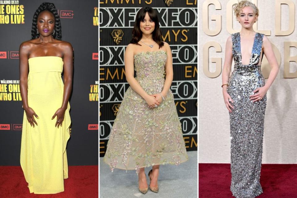 From left: Danai Gurira flaunts her Fendi promoting “The Walking Dead: The Ones Who Live,” Jenna Ortega opts for custom Dior at the 75th Primetime Emmys and Julia Garner goes Gucci at the Golden Globes. Images: Getty