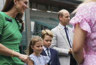 The Prince and Princess of Wales with Prince George and Princess Charlotte arrive on day fourteen of the 2023 Wimbledon Championships at the All England Lawn Tennis and Croquet Club in Wimbledon, Sunday July 16, 2023. (Victoria Jones/Pool photo via AP)