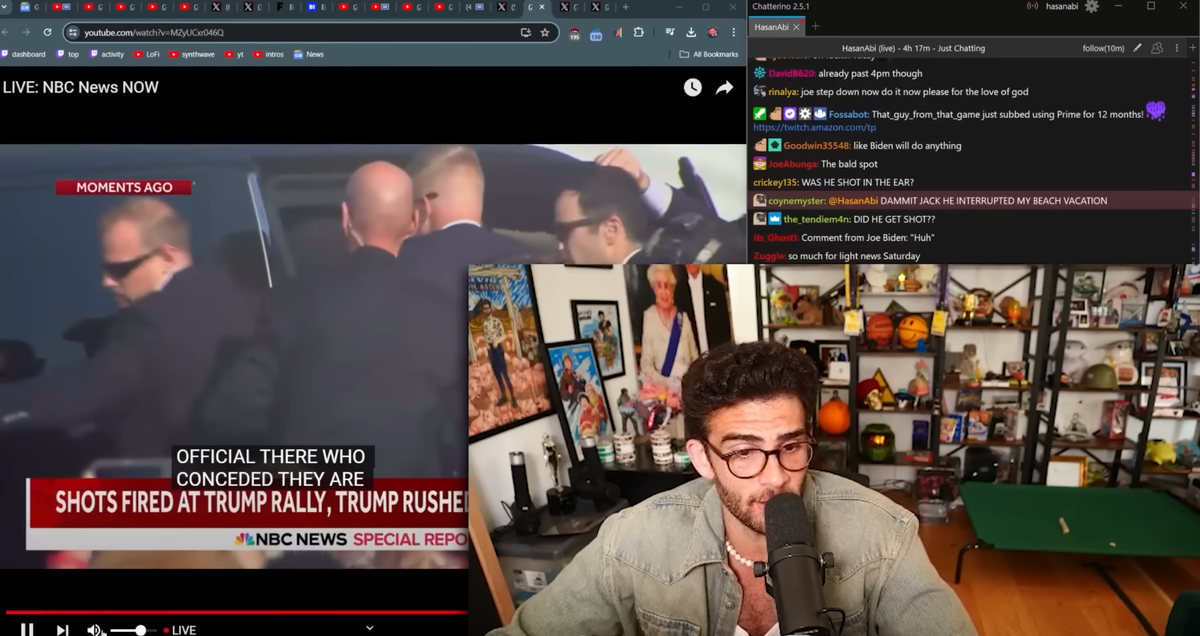 Popular progressive streamer Hasan Piker reacts to the attempt on Donald Trump’s life.   (Screengrab / YouTube)