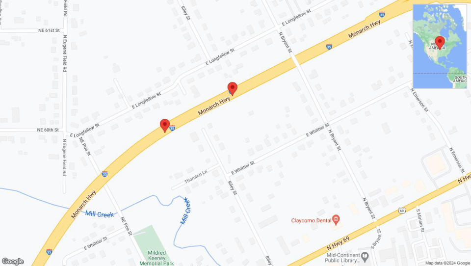 A detailed map that shows the affected road due to 'Broken down vehicle on northbound I-35 in Kansas City' on July 26th at 3:59 p.m.