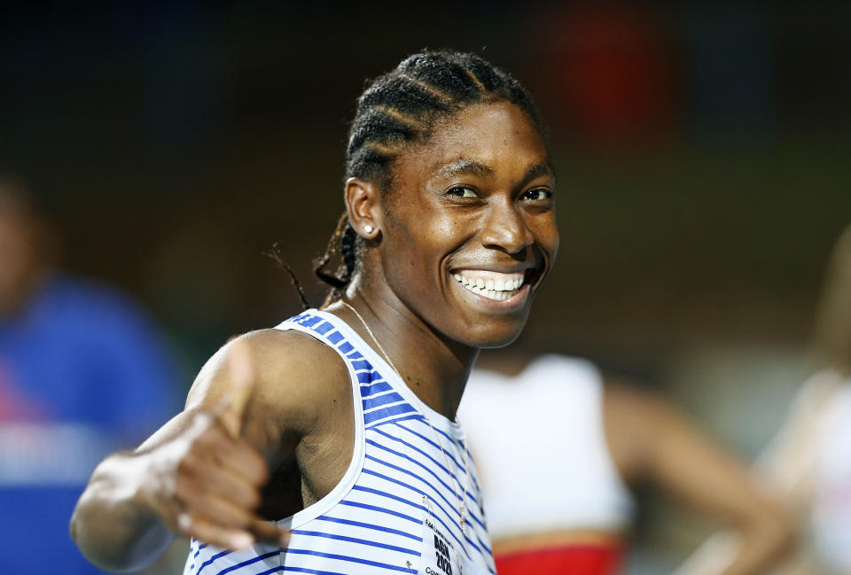 South African 800-metre Olympic champion Caster Semenya reacts after winning the women's 200m final during the Athletics Gauteng North Championships at the LC de Villiers Athletics Stadium in Pretoria on March 13, 2020. (Photo by Phill Magakoe / AFP) (Photo by PHILL MAGAKOE/AFP via Getty Images)