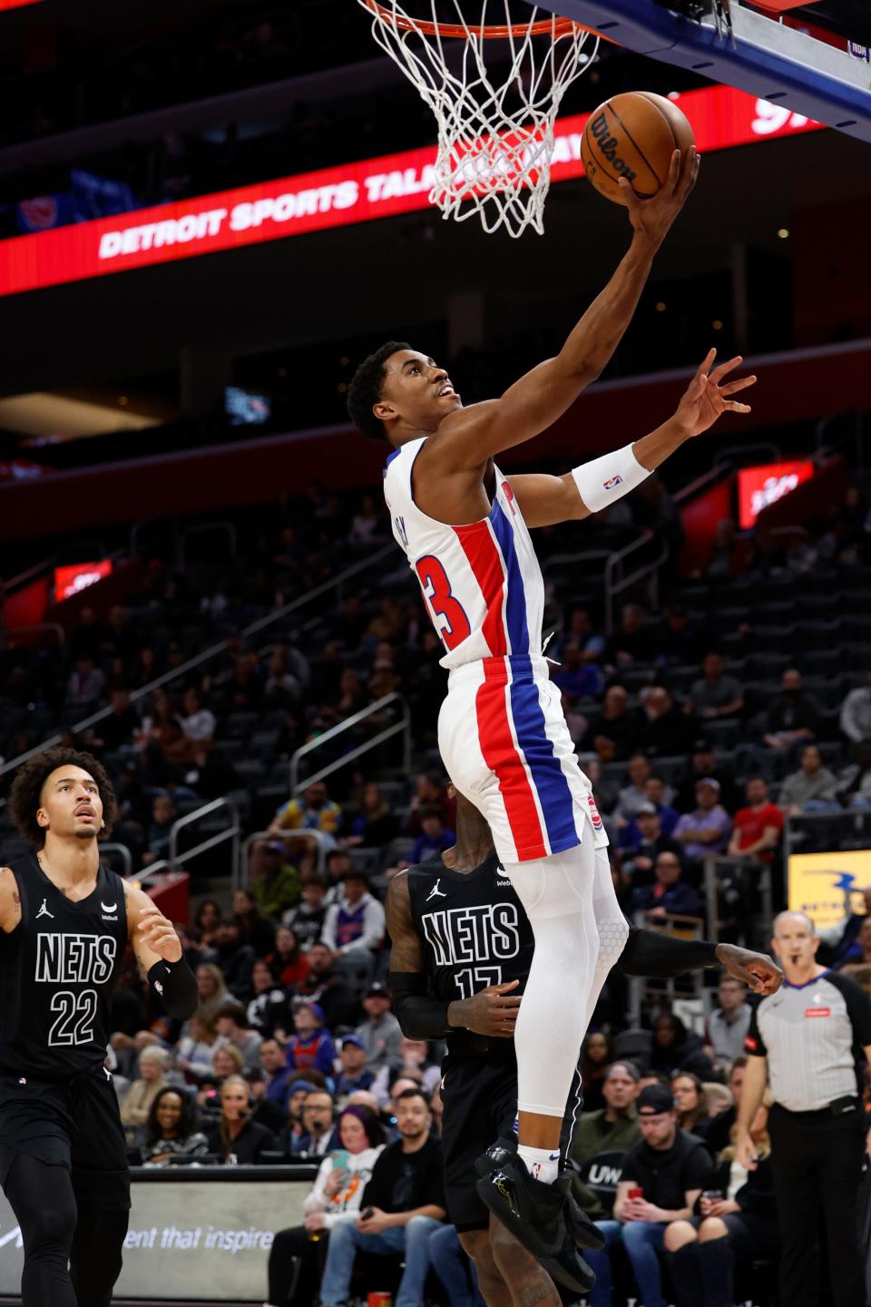 Detroit Pistons guard Jaden Ivey (23) goes to the basket in the first half against the Brooklyn Nets at Little Caesars Arena in Detroit on Thursday, March 7, 2024.