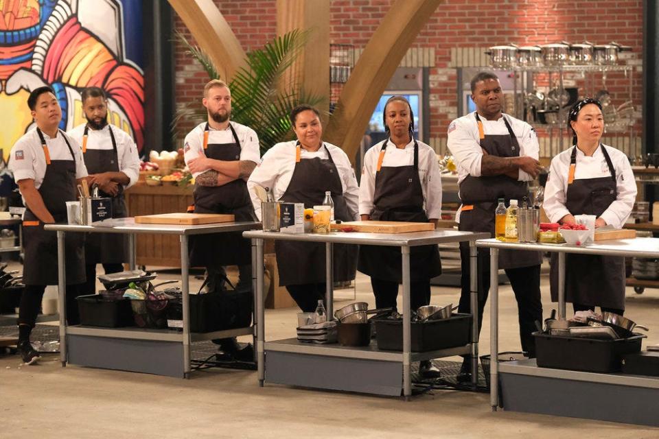 In the ninth week of Bravo's "Top Chef," the contestants faced the "Freedmen's Town" challenge. Pictured: (l-r) Buddha Lo, Damarr Brown, Luke Kolpin, Evelyn Garcia, Ashleigh Shanti, Nick Wallace and Jae Jung.