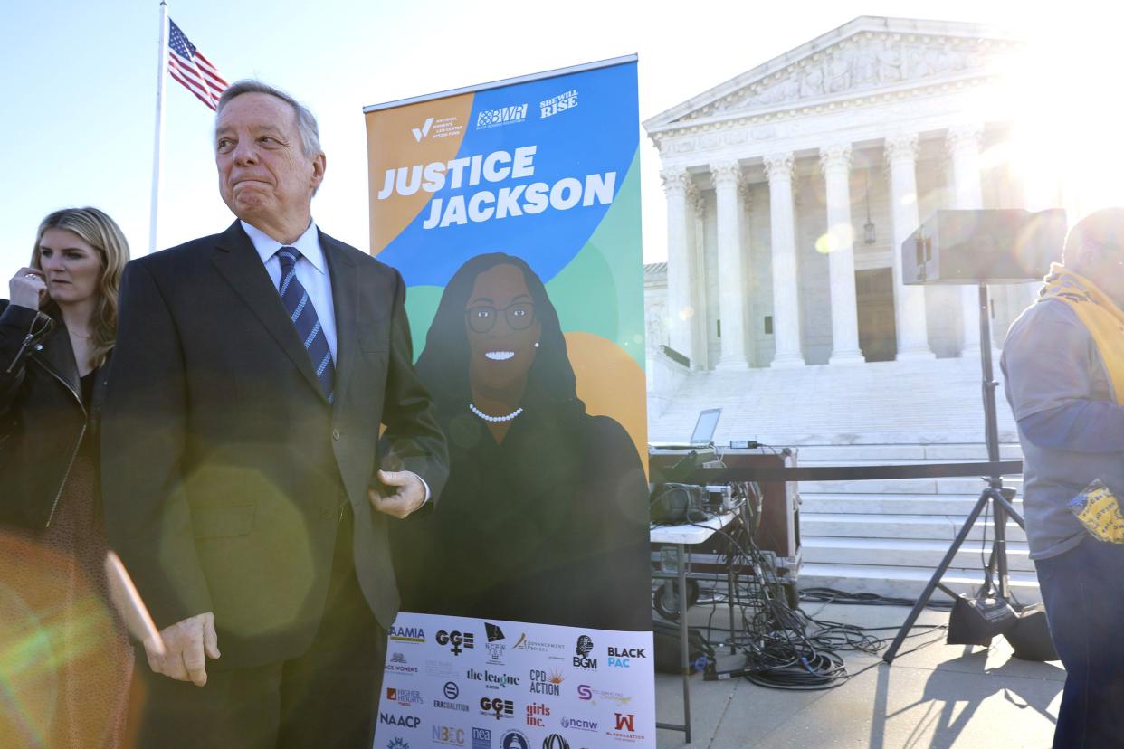 Senate Judiciary Committee Chairman Richard Durbin (D-IL) joins a rally in support of Judge Ketanji Brown Jackson in front of the U.S. Supreme Court on March 21, 2022, in Washington, DC.
