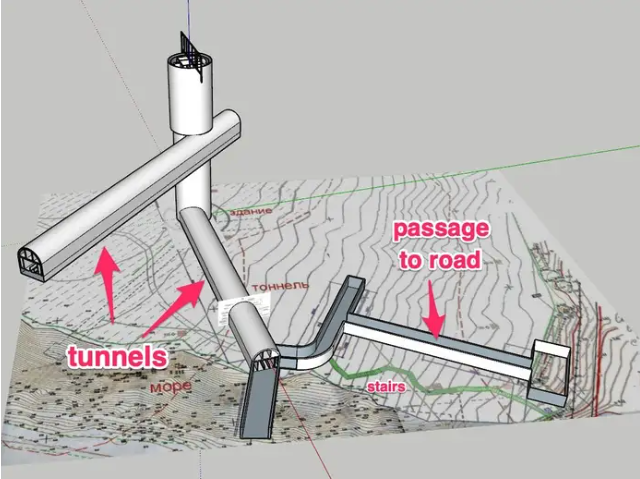 Dieses 3D-Modell zeigt die beiden Tunnel sowie rechts einen dritten Eingang. - Copyright: 3D model by Sect Ze; annotations by Insider