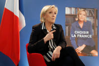 Marine Le Pen, French National Front (FN) candidate for 2017 presidential election, speaks during an interview with Reuters in Paris, France, May 2, 2017. REUTERS/Charles Platiau