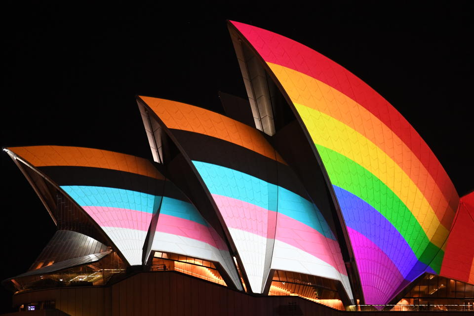 The sails of the Sydney Opera House were lit with the Progress Pride flag in February to celebrate the city's Pride event. (Getty Images)