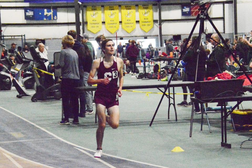 Charlevoix's Dominic Schwein pushes himself during the 1600 meter run in the Yooper Invitational over the weekend at Lake Superior State University. Schwein finished runner-up in the race.