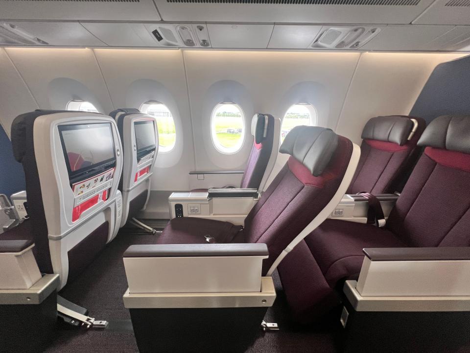 The pitch of a reclined premium economy seat on an Air India A350 at the Farnborough Airshow.