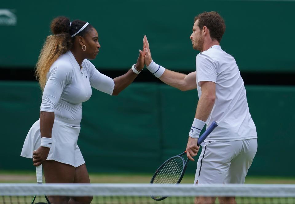 Serena Williams and Andy Murray react during a Wimbledon mixed doubles match against Andreas Miles and Alexa Guarachi in 2019.