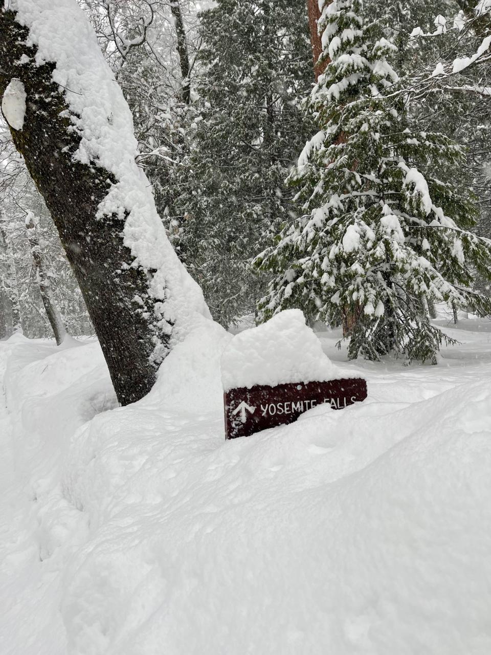 A snow covered sign in Yosemite National Park on March 6, 2023. Several storms and heavy snow forced officials to close the entire park on Feb. 25. It was anticipated to stay closed at least through March 12.