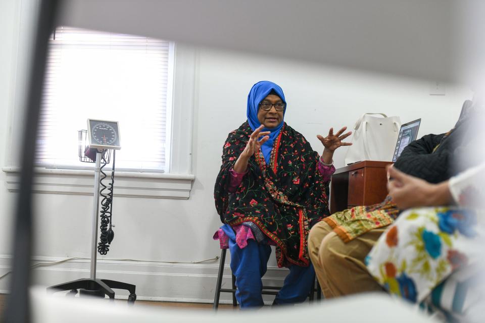 Community health worker Gulnahar "Nahar" Alam leads a health education class at RR Medical Care in Jamaica, New York, through Project IMPACT, a program through NYU-CUNY Prevention Research Center. The class focuses on stress management and diabetes care for the South Asian immigrant community. March 7, 2023