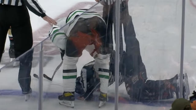 NHL referee crumbles to the ice after a puck deflects off his groin and  into the net
