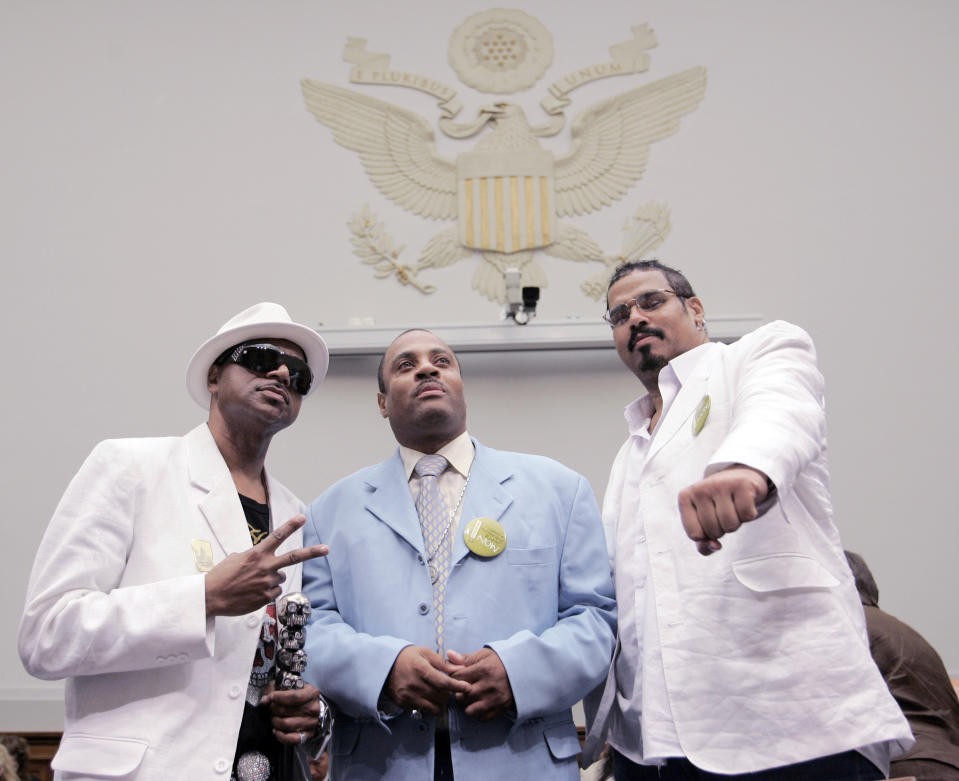 FILE - Hendogg from The Sugarhill Gang, left, Grandmaster Dee of Whodini, center, and Michael “Wonder Mike” Wright of The Sugarhill Gang, pose for a photo on Capitol Hill in Washington, June 11, 2008. Members of The Sugarhill Gang put out “Rapper’s Delight” and introduced the country to a record that would reach as high as 36 on Billboard’s Top 100 chart list, and even make it to No. 1 in some European countries. Wright says he had no doubt the song — and, by extension, hip-hop — was “going to be big. “I knew it was going to blow up and play all over the world because it was a new genre of music,” he tells The Associated Press. “You had classical jazz, bebop, rock, pop, and here comes a new form of music that didn’t exist.” (AP Photo/Susan Walsh)