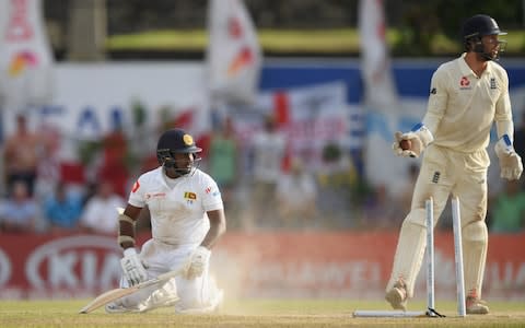 Sri Lanka batsman Rangana Herath is run out by England wicketkeeper Ben Foakes in his last Test Innings as England win the match by 211 runs during Day Four of the First Test matc - Credit:  Stu Forster/Getty Images