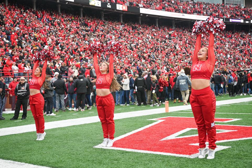 Cheerleaders for the Nebraska Cornhuskers perform before the game against the Maryland Terrapins at Memorial Stadium on November 11, 2023 in Lincoln, Nebraska.