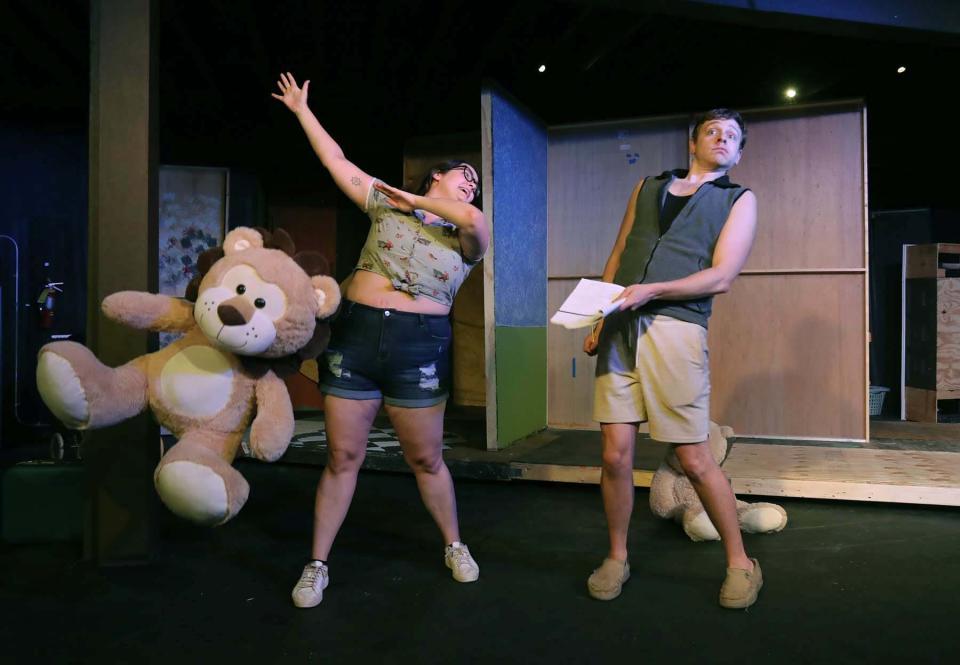 Braelin Andrzejewski, left, and Robert Kowalewski, rehearse a scene in the two-person chamber musical "John & Jen," which will open July 22 at Western Reserve Playhouse in Bath.