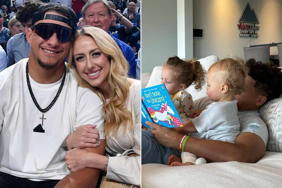 <p> Logan Riely/NBAE via Getty; Instagram/brittanylynne</p> Brittany Mahomes and Patrick Mahomes at a Dallas Mavericks game on May 11, Patrick reading to their kids hours before