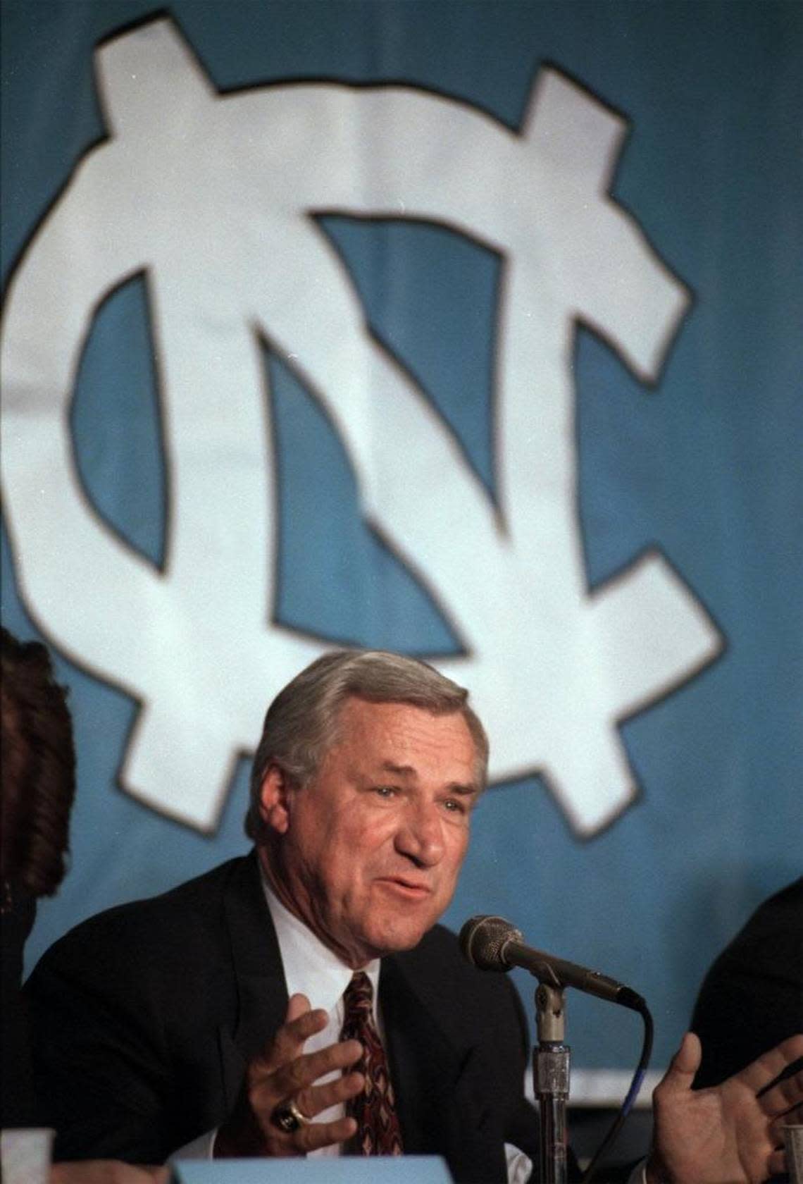 Dean Smith talks about why he decided to resign as head basketball coach at UNC during a press conference in Chapel Hill on Oct. 10, 1997.