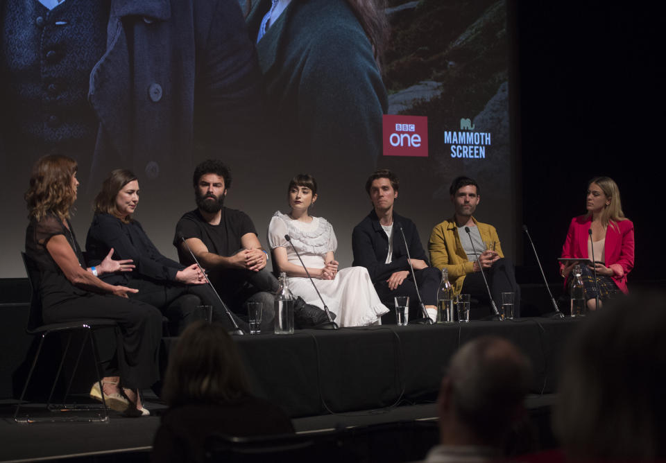 LONDON, ENGLAND - JUNE 05: Debbie Horsfield, Karen Thrussell, Aidan Turner, Ellise Chapell, Jack Farthing, Luke Norris and Georgie Barrat attend the series premiere, followed by a Q&A session, for "Poldark" at BFI Southbank on June 05, 2019 in London, England. (Photo by Stuart C. Wilson/Getty Images)