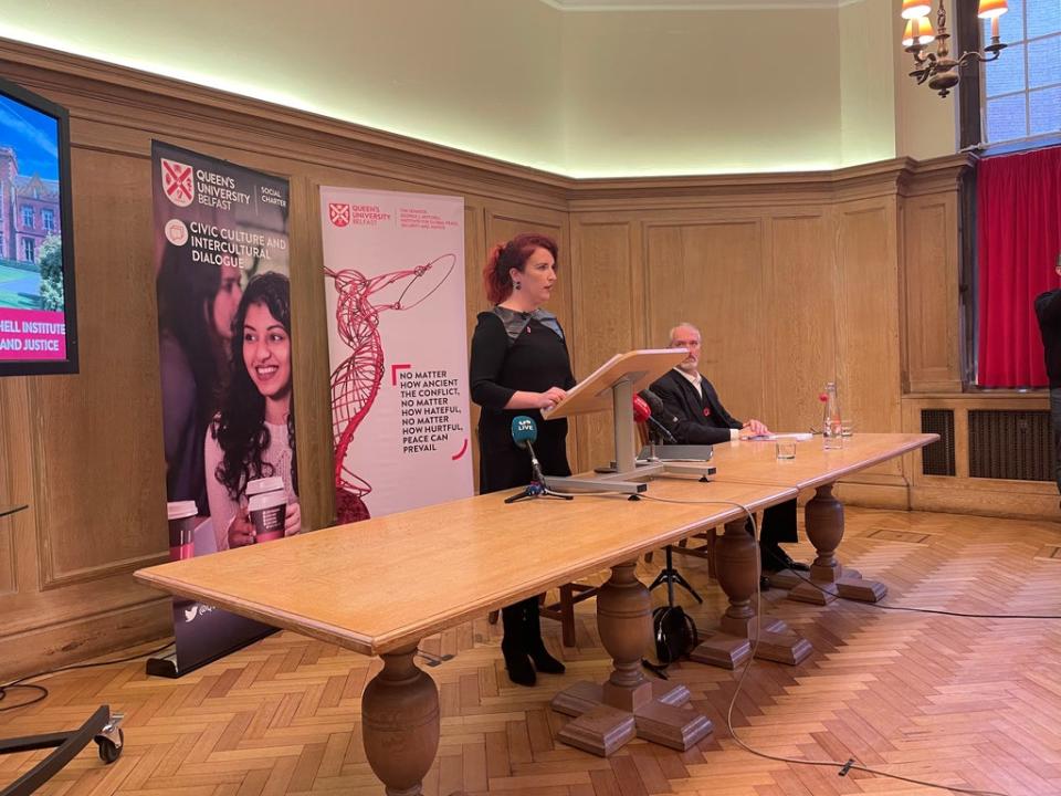 Louise Haigh delivering her speech at Queen’s University in Belfast (Jonathan McCambridge/PA)