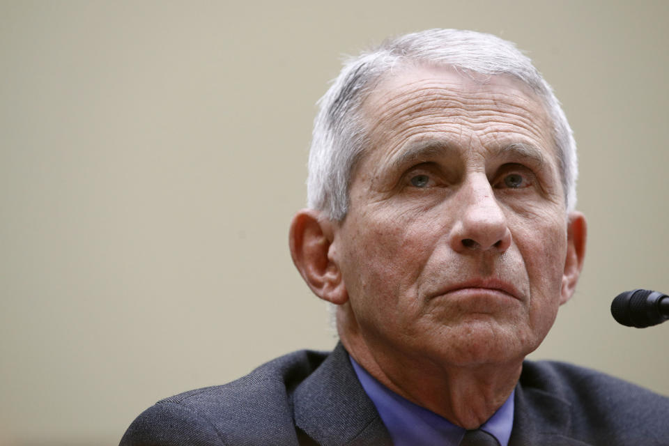 Dr. Anthony Fauci, director of the National Institute of Allergy and Infectious Diseases, testifies before a House Oversight Committee hearing on preparedness for and response to the coronavirus outbreak on Capitol Hill in Washington, Wednesday, March 11, 2020. (AP Photo/Patrick Semansky)