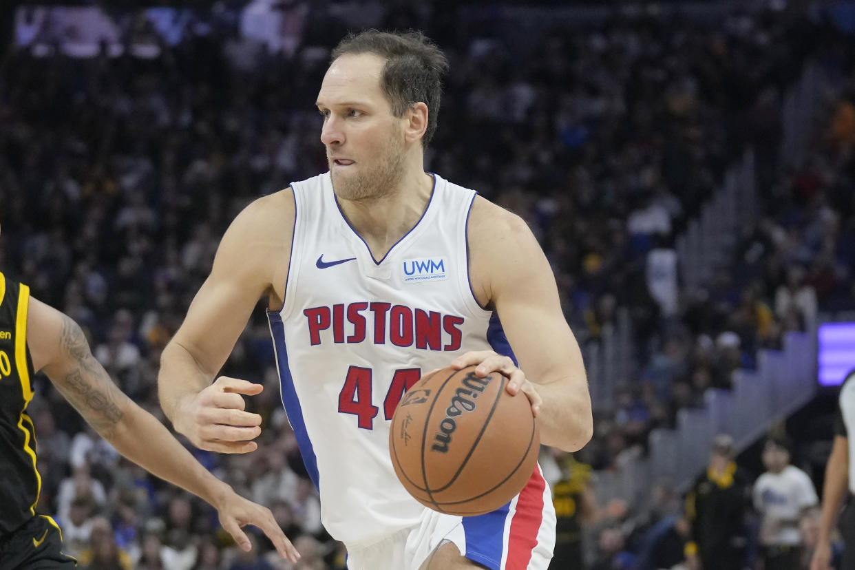 Detroit Pistons forward Bojan Bogdanovic (44) during an NBA basketball game against the Golden State Warriors in San Francisco, Friday, Jan. 5, 2024. (AP Photo/Jeff Chiu)