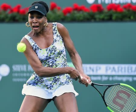 Mar 15, 2018; Indian Wells, CA, USA; Venus Williams (USA) in her quarterfinal match against Carla Suarez Navarro (not pictured) in the BNP Paribas Open at the Indian Wells Tennis Garden. Mandatory Credit: Jayne Kamin-Oncea-USA TODAY Sports