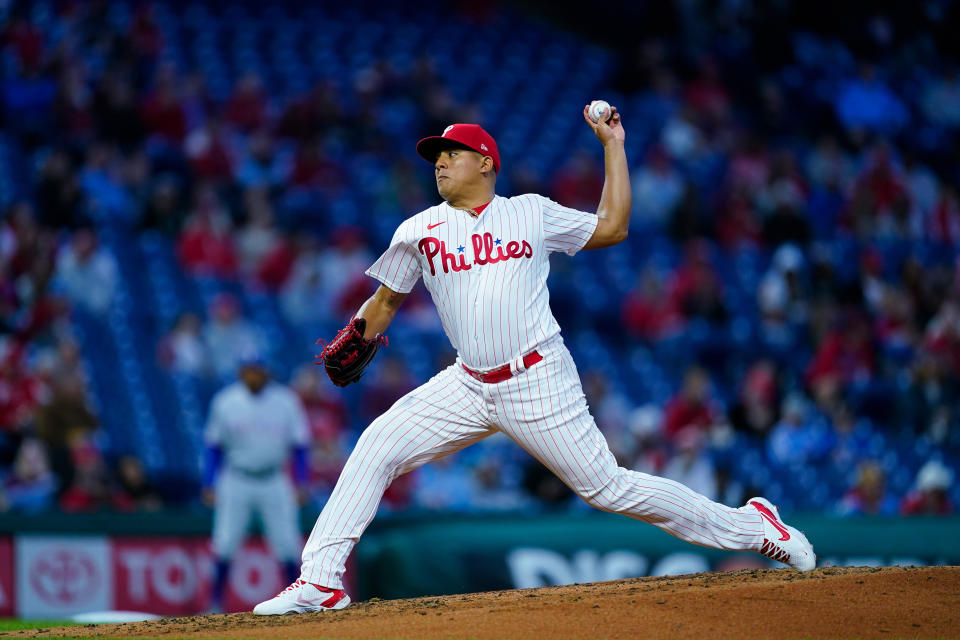 Philadelphia Phillies' Ranger Suarez pitches during the fourth inning of the team's baseball game against the Texas Rangers on Tuesday, May 3, 2022, in Philadelphia. (AP Photo/Matt Rourke)