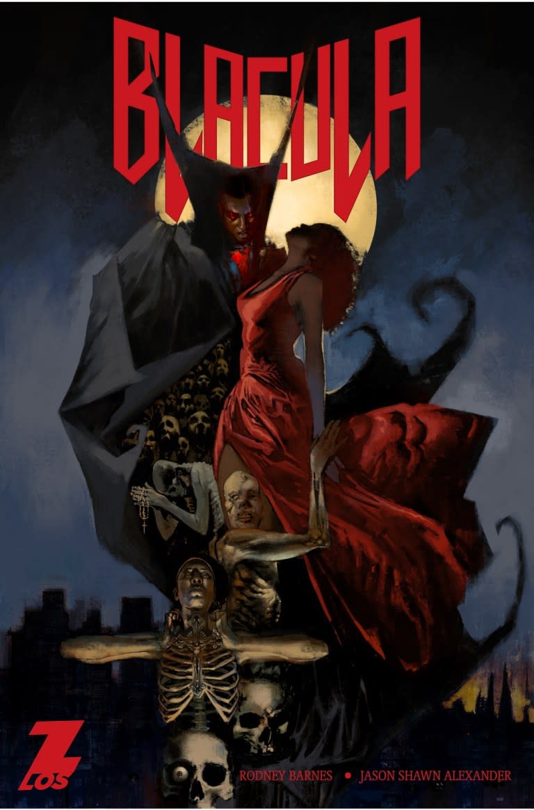 image cover of Blacula graphic novel with black vampire holding a woman with a red dress in his arms. a pile of various skeletons appear underneath them. 