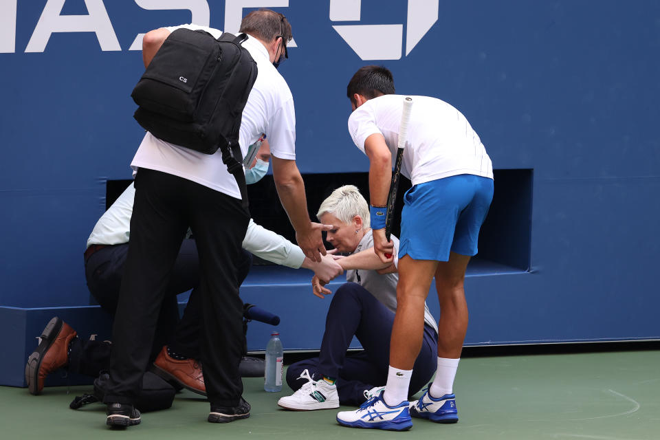 Novak Djokovic, pictured here at the US Open in 2020 after accidentally hitting a line judge.