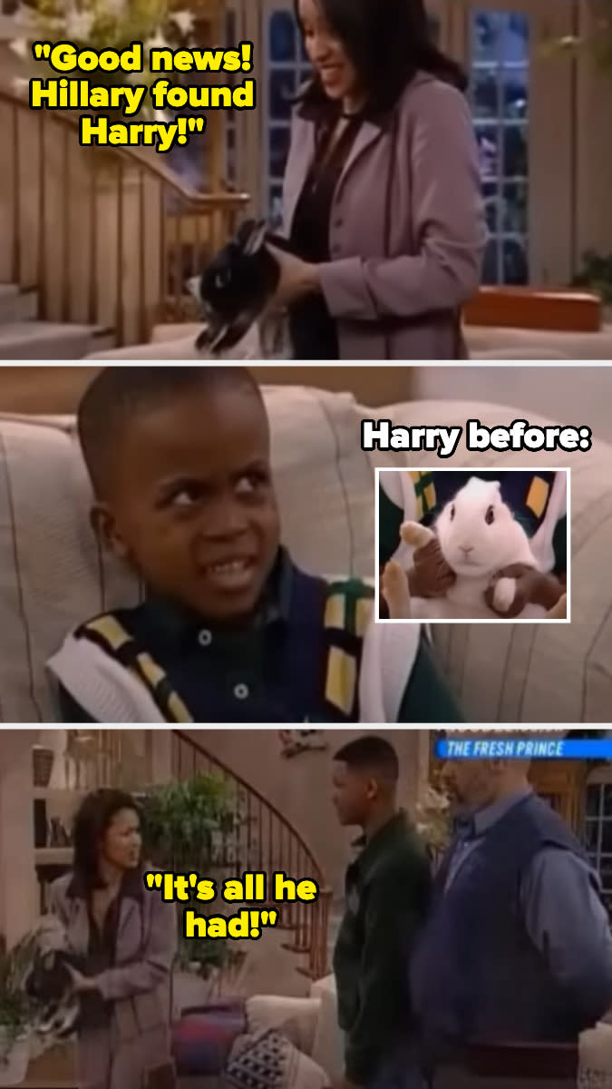 hillary tries to give Nicky back his rabbit Harry on "The Fresh Prince of Bel-Air" but it's clearly not the same rabbit