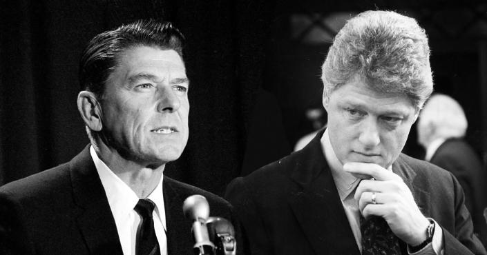 Ronald Reagan in Los Angeles on Jan. 4, 1965, after announcing he would seek the Republican nomination for governor of California; Arkansas Gov. Bill Clinton on the campaign trail in Manchester, N.H., in January 1992. (Yahoo photo illustration; photos: AP; Jonathan Wiggs/The Boston Globe via Getty Images)