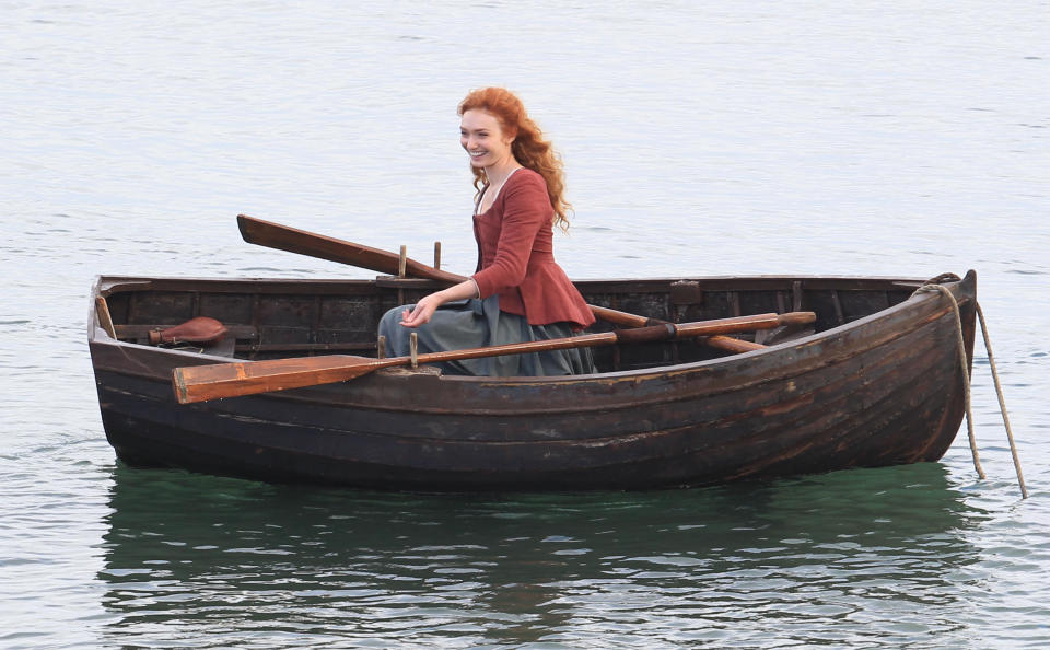 Eleanor Tomlinson who plays Demelza BBC drama Poldark being filmed in Cornwall catches fish off a boat.  Featuring: Eleanor Tomlinson Where: Penzance, United Kingdom When: 21 Sep 2015