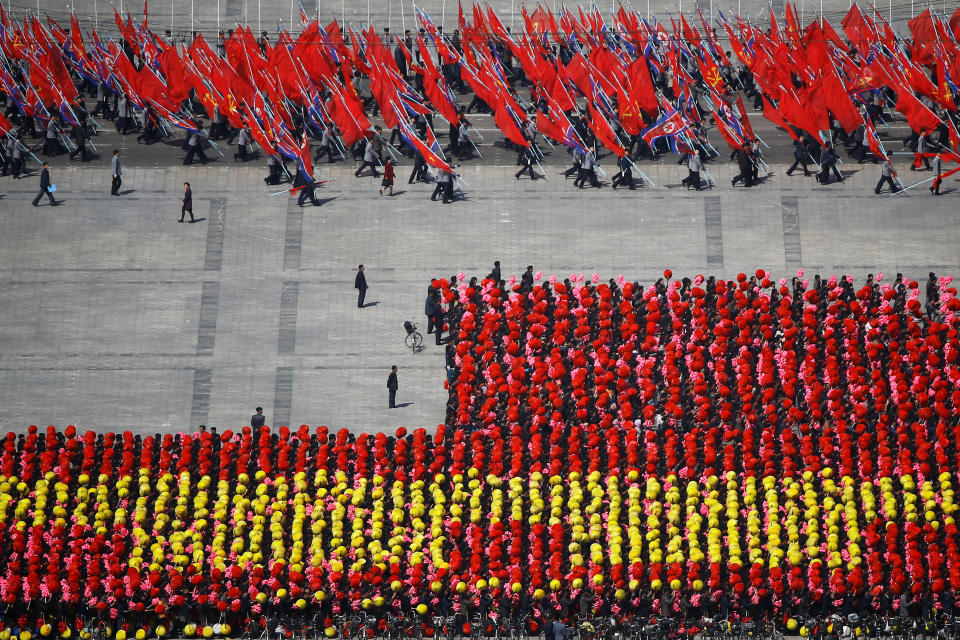 People practice for the expected parade on the main Kim Il-Sung Square in central Pyongyang, North Korea April 12, 2017. REUTERS/Damir Sagolj