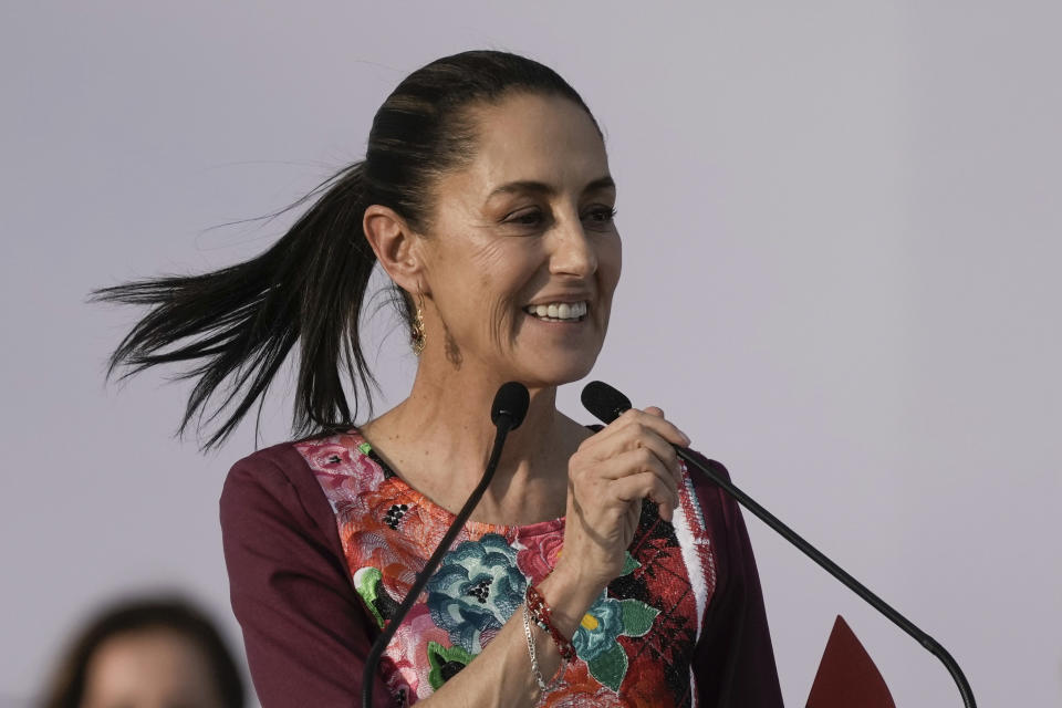 FILE - Presidential candidate Claudia Sheinbaum speaks during her opening campaign rally at the Zocalo in Mexico City, March 1, 2024. If elected, Sheinbaum would be Mexico's first leader with a Jewish background in a country that’s home to nearly 100 million Catholics. (AP Photo/Marco Ugarte, File)