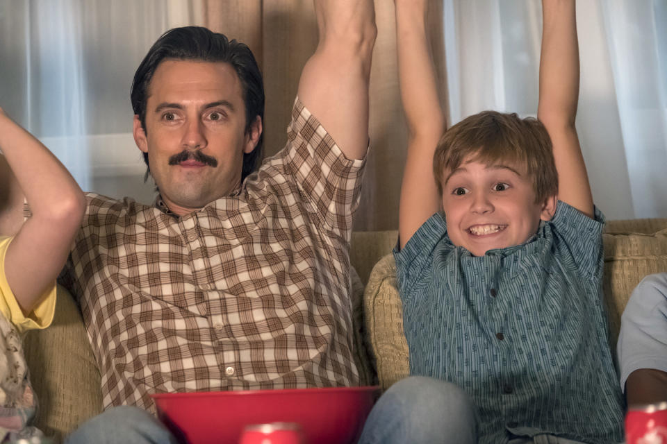 <p>Milo Ventimiglia as Jack and Parker Bates as Kevin in NBC’s <i>This Is Us</i>.<br>(Photo: Ron Batzdorff/NBC) </p>