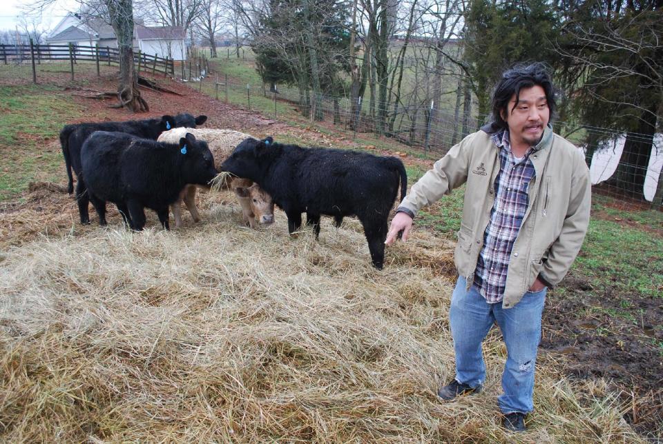 In this June 2012 publicity photo provided by Artisan Books, Chef Edward Lee visits with local cows in Louisville, Ky, as seen in his book, "Smoke & Pickles," published by Artisan Books. (AP Photo/Artisan Books, Grant Cornett)