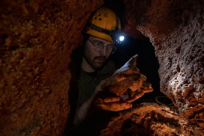 Tim Ziegler retrieving fossil bones from Nightshade Cave. - Photo: Rob French/Museums Victoria