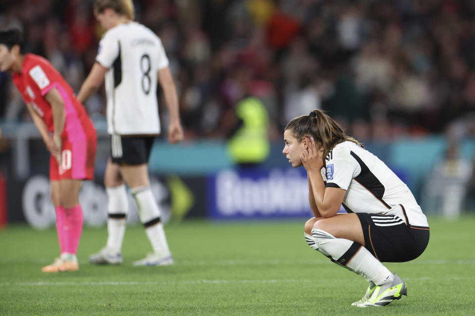 Germany's Lena Oberdorf reacts following the Women's World Cup Group H soccer match between South Korea and Germany in Brisbane, Australia, Thursday, Aug. 3, 2023. (AP Photo/Katie Tucker)