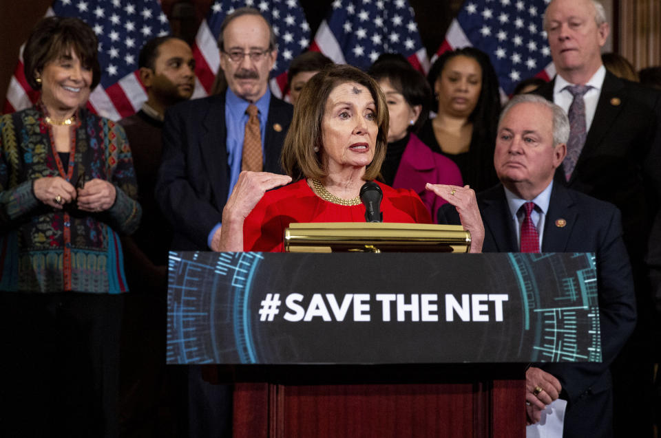 Nancy Pelosi speaks at a March 6 news conference on Democrats' bill to restore Obama-era net neutrality rules eliminated by the GOP-controlled Federal Communications Commission. (Bloomberg via Getty Images)