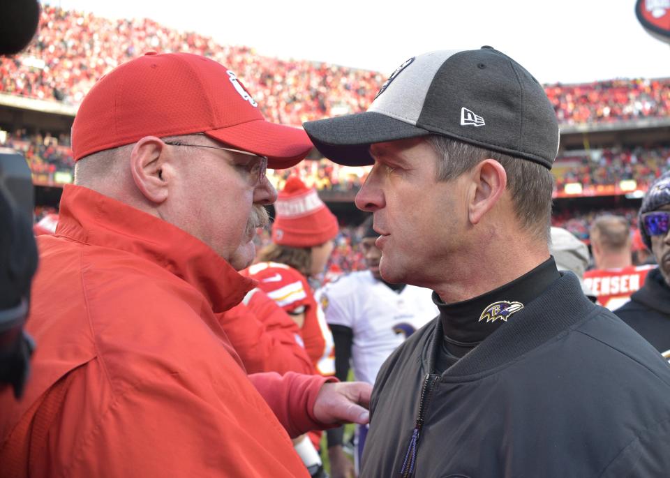 Chiefs coach Andy Reid and Ravens coach John Harbaugh are longtime friends, dating back to Harbaugh's time working on Reid's staff in Philadelphia.