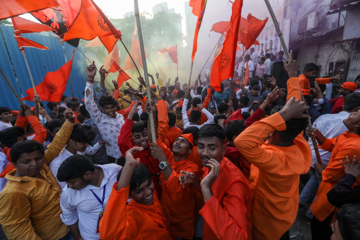 Hindu devotees participate in a religious procession to celebrate the Ram Navami festival in Mumbai (EPA)