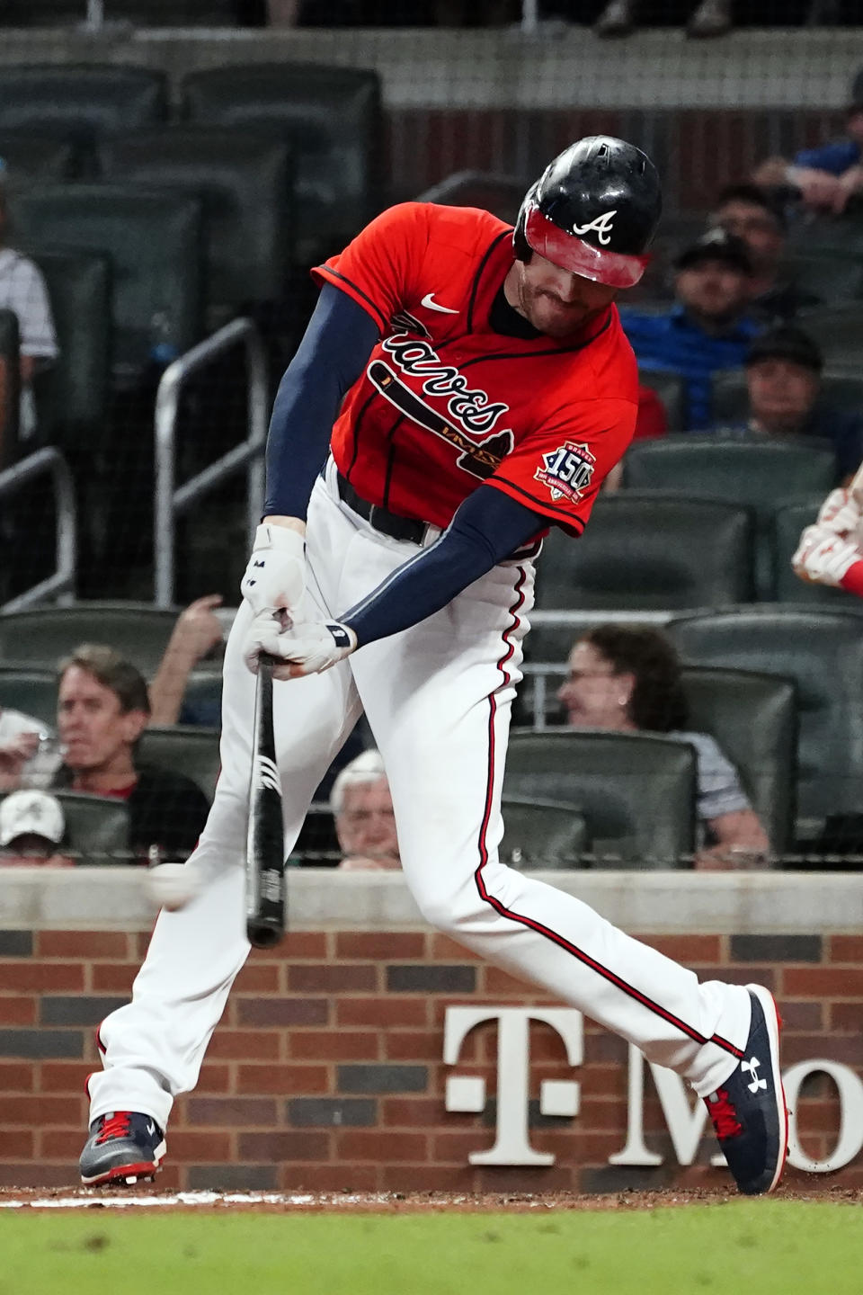 Atlanta Braves' Freddie Freeman drives in two runs with a single in the eighth inning of a baseball game against the Washington Nationals, Friday, Aug. 6, 2021, in Atlanta. (AP Photo/John Bazemore)