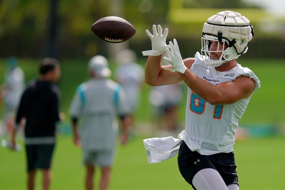 Dolphins tight end Durham Smythe catches a pass during training camp in July, but it's his blocking that could make a bigger difference for the Miami offense this season.