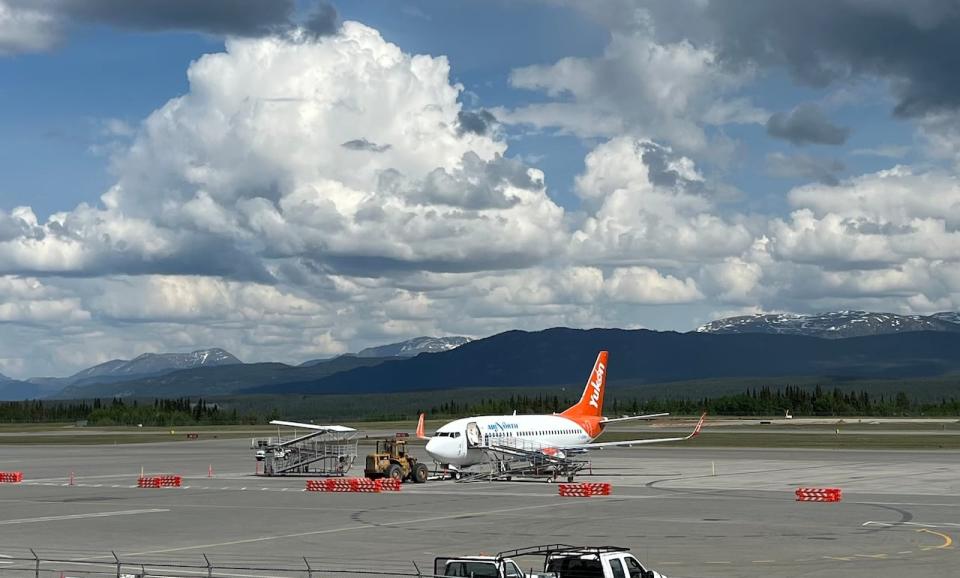 An Air North plane on the tarmac at the Whitehorse airport, June 2022.