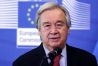 Secretary-General of the United Nations Antonio Guterres looks on during a news conference before a meeting with European Commission President Ursula von der Leyen at the European Commission headquarters in Brussels