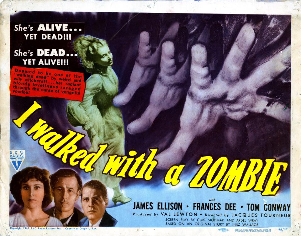 I Walked With A Zombie, poster, from left, Frances Dee, Tom Conway, James Ellison, 1943. (Photo by LMPC via Getty Images)