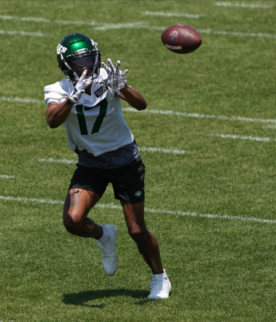 Florham Park, NJ May 31, 2023 -- Wide receiver, Garrett Wilson during the Jets OTA.