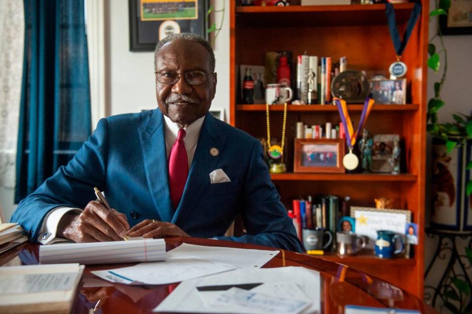 Moss Point Mayor Billy Knight, 83, is a “workaholic,” according to wife Lois Knight. He’s pictured here in his office at City Hall, where he is working on recovery from a recent tornado, waterfront redevelopment plans and many other projects.
